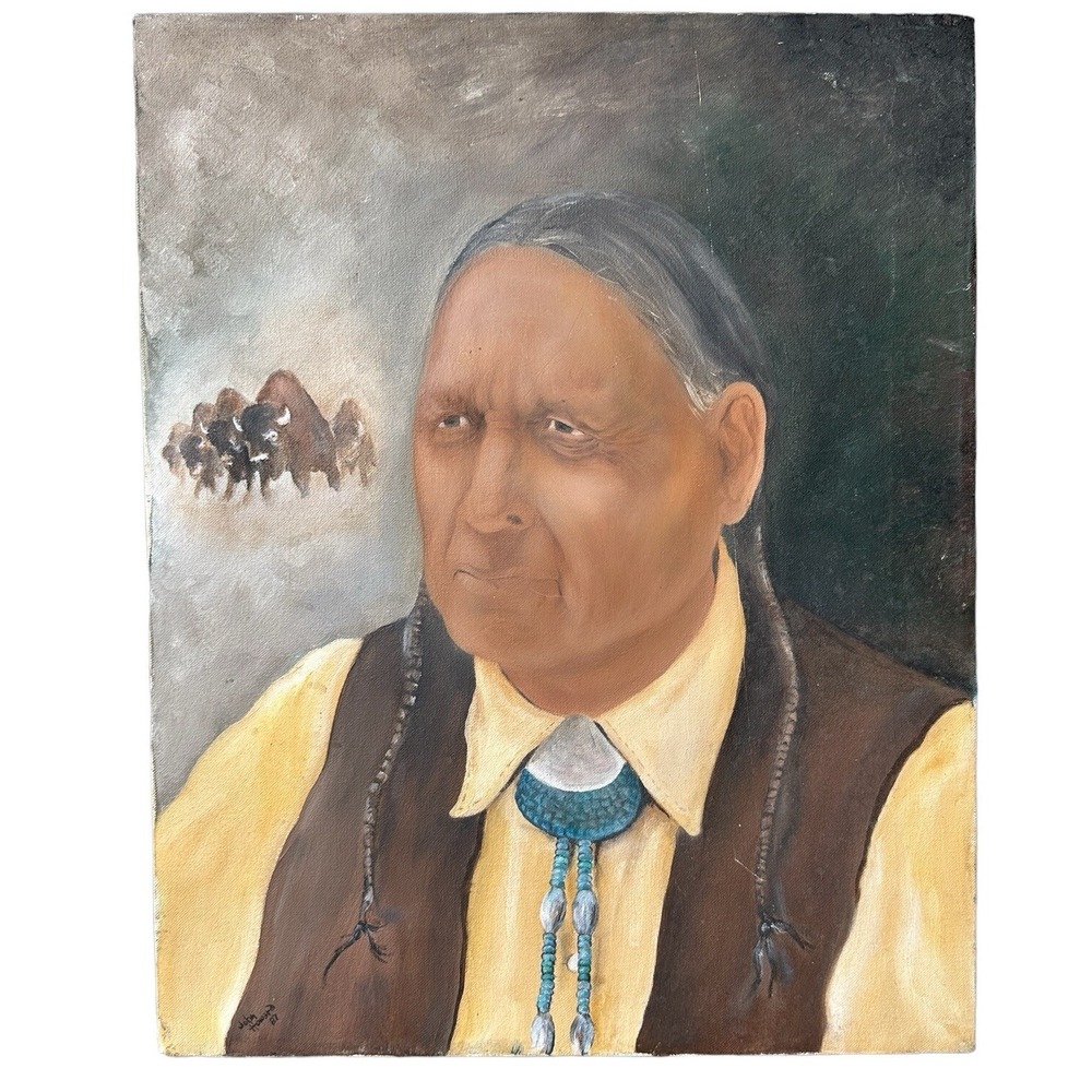 VTG Original J‎ Howard Native American Man Oil Painting 20x16 Inch Bison Jewelry